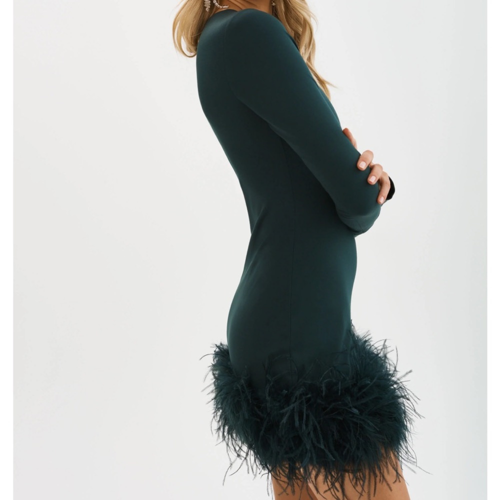 Lamarque Deep Teal Long-Sleeve Feather Hem Dress - Picture 2 of 7